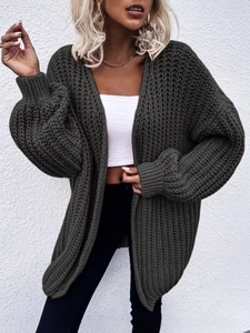 Chunky knit cardigan in dark grey-green featuring lantern sleeves and loose fit style