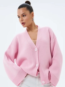 Gilet en Tricot Ample pour Femmes Col en V Manches Longues Acrylique Couleur Unie Veste Chandail Boutonnée Quotidien
