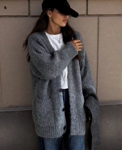 Detail of grey V-neck knit cardigan showing fuzzy texture and matte black buttons