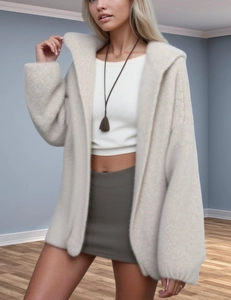 Detailed texture of women's oversized hooded cream cardigan in plush faux mink fur material