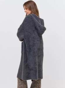 Macro detail of the plush faux mink charcoal grey long hooded knit cardigan coat