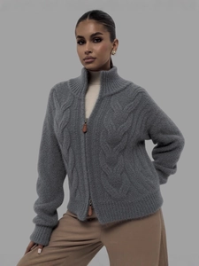 Women Casual Cable Knit Sweater Cardigan Loose Alpaca Like Double Zipper Turn Down Collar Knitted Jacket Autumn Winter Top