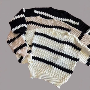 Women's crewneck popcorn knit sweaters with classic stripe patterns in a 3-pack set