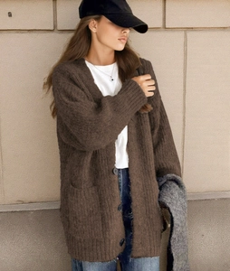 Texture detail of a dark brown thick knit cardigan with soft alpaca-like faux fur finish