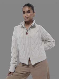 Women's alpaca wool cable knit cardigan with double zipper and high collar in cream