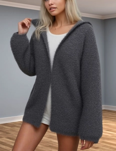 Detail of dark grey hooded knit cardigan with plush mink-like fabric and loose fit