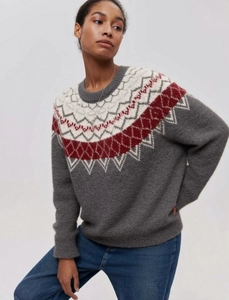 Close-up of Fair Isle knit sweater showing red and white geometric jacquard pattern details