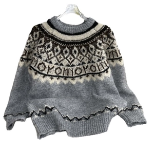 Fair Isle knit sweater featuring geometric patterns and warm ribbed cuffs in grey