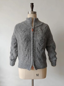 Grey alpaca wool knit cardigan with cable pattern, double zipper, and high collar design