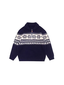 Navy blue quarter-zip knit sweater with white snowflake fair isle patterns for women