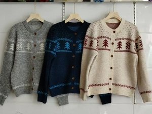 Detail of Fair Isle knit cardigans with snowflake patterns and wooden buttons