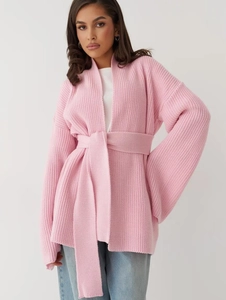 Pink chunky knit long cardigan for women with long sleeves and matching waist belt