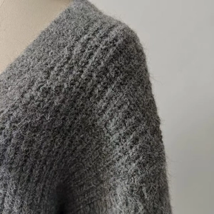 Detail of grey knitted cardigan showing soft alpaca texture and chunky knit pattern