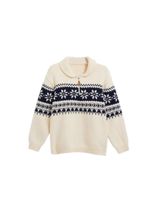 Women's cream knit sweater with polo zip collar and blue Nordic snowflake patterns