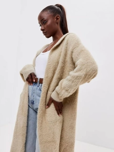 Long knit hooded cardigan in fuzzy faux mink fur with relaxed fit and pockets