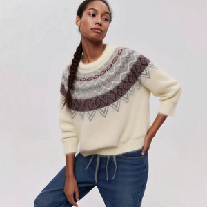Women's Fair Isle knit sweater in cream with geometric diamond patterns and ribbed trim
