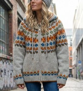 Detailed knit texture of Fair Isle hooded cardigan with vintage geometric patterns