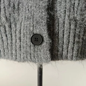 Detailed close-up of grey fluffy knit cardigan texture with black resin buttons