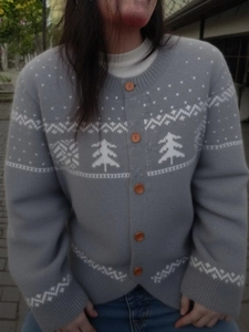Women's vintage grey Fair Isle knit cardigan with snowflake patterns and wood buttons