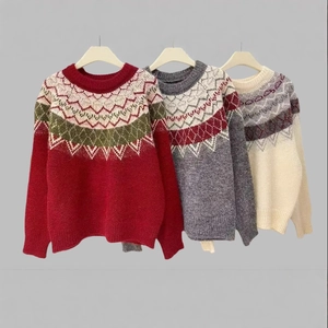 Three colors of Fair Isle knit sweaters with Nordic jacquard patterns and round necklines