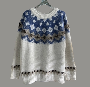 Detailed close-up of Fair Isle jacquard pattern on soft fluffy knit sweater