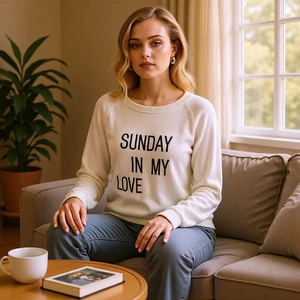 Detail of Sunday In My Love letter print on white round neck long sleeve knit sweater