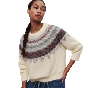 Loose Fair Isle knit sweater in off-white with festive burgundy and gray patterns