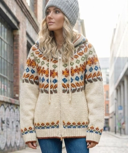 Detail of hooded knit cardigan featuring colorful Fair Isle patterns and zipper closure