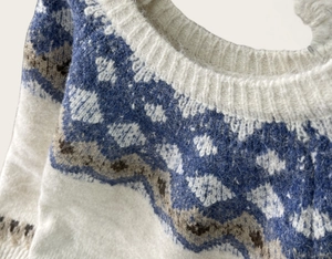 Detail of soft Fair Isle knit sweater showing fluffy mohair texture and neck embroidery