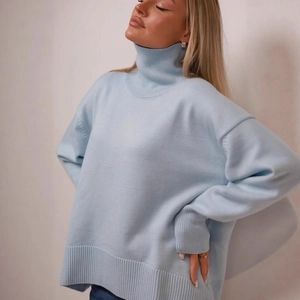 Women Wool Blend High Neck Sweater Loose Pullover Long Sleeve Textured Knit Top For Autumn Winter