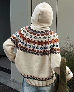 Rear view of Fair Isle hooded cardigan featuring vintage geometric patterns and ribbed cuffs