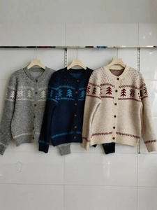 Nordic Fair Isle Christmas knit cardigan with pine tree patterns and wooden buttons