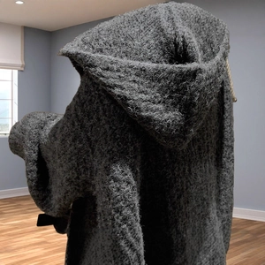 Women's grey bouclé knit hooded cardigan with textured faux alpaca wool and drawstring