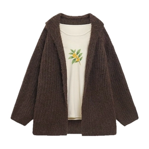 Women's dark brown fluffy knit cardigan sweater with vintage botanical graphic tee