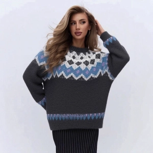Women Fair Isle Christmas Knit Sweater Loose Crew Neck Long Sleeve Pullover Soft Plush Winter Warm Nordic Jacquard Jumper