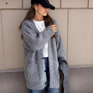 Women V-Neck Faux Alpaca Knit Cardigan Loose Long Sleeve Button Down Sweater Outerwear With Pockets Casual Warm Top