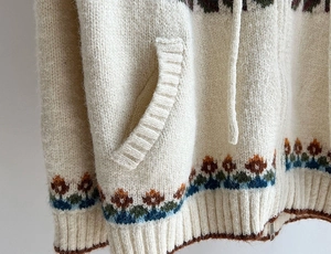 Detail of vintage Fair Isle knit texture with retro floral patterns and metal zipper