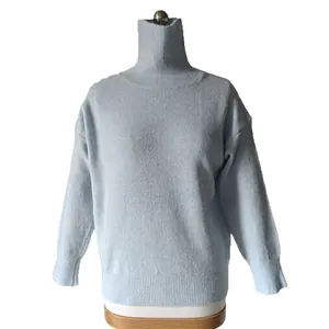 Loose fit light blue high neck knitted sweater with drop shoulder design for women