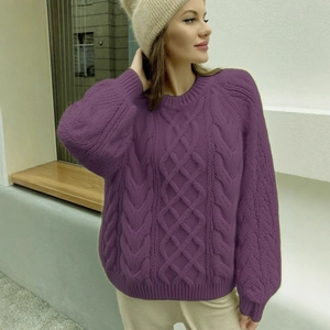 Women's chunky purple cable knit sweater with a classic crew neck and a loose fit