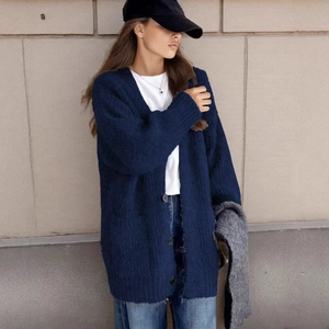 Women's V-neck dark blue faux alpaca wool knit cardigan sweater with black buttons