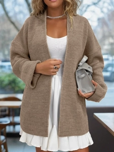 Women's khaki chunky knit cardigan in mid-length open front style for autumn and winter