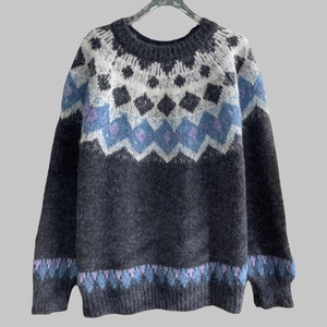 Classic Fair Isle knit sweater in dark grey with soft jacquard geometric patterns