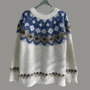 Fair Isle knit sweater with geometric patterns on ivory crew neck long sleeve pullover
