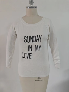 White crew neck knit sweater for women with Sunday In My Love slogan print