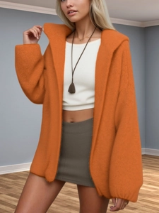 Women's loose orange hooded knit cardigan with long sleeves and casual cozy fit