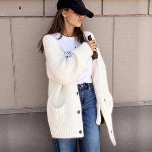 Chic white V-neck faux alpaca knit cardigan sweater with oversized pockets and dark buttons