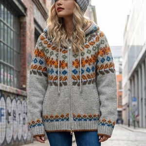 Women's Fair Isle Retro Hooded Knit Cardigan Vintage Jacquard Loose Zip Up Sweater Jacket Warm Nordic Style Outerwear