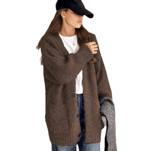 Oversized deep brown faux alpaca knit cardigan with V-neck and buttons for women