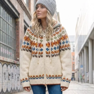 Cozy Fair Isle hooded knit cardigan with geometric vintage patterns and zipper closure