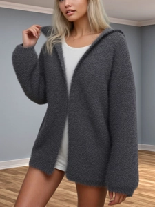 Women's dark grey oversized hooded knit cardigan with plush finish for autumn and winter wear
